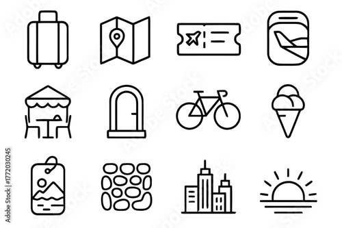 Travel Icon Set. Travel Snippets. Line icon set of Travel Snippets: suitcase, map, ticket, window seat wing, street cafe, doorway, bicycle, gelato cone,