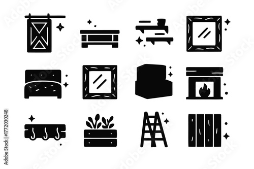 Reclaimed Wood Icons. Decorating with reclaimed wood. Solid icons set of Decorating with reclaimed wood: barn door, pallet coffee table, floating shelves,