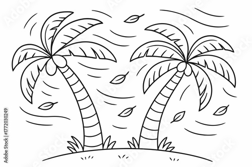Windy Palm Coloring. Windy palm day children?s coloring book illustration, outlined drawing, palm trees bending gently in the breeze with curved motion lines