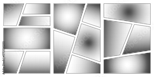 Halftone comic manga book template set. Screentone page for superhero story. Collage grid manga with pop art dots effect. Panel layout or mockup. Action scene. Cartoon design. Vector illustration