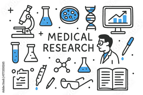 Scientific Doodles. Medical research. Hand-drawn doodle illustration Medical research microscope, colored test tube, scientist, laboratory, experiment, colored