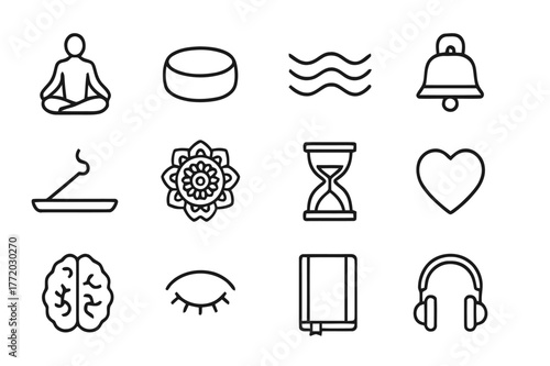 Meditation Icon Set. Meditation and mindfulness. Line icon set of meditation and mindfulness: lotus pose, cushion, breathing waves, mindfulness bell, incense
