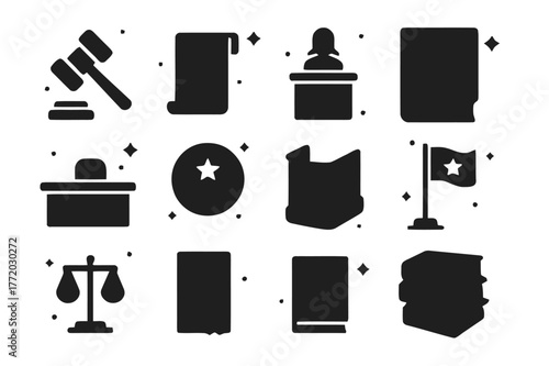 Chinese Courtroom Icons. Courtrooms in China. Solid icons set of Chinese courtrooms: Chinese gavel, courtroom calligraphy, judge?s podium, civil law books,