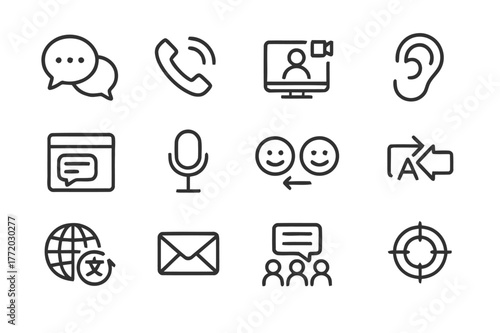 Communication Skills Icons. Communication Skills. Line icon set of Communication Skills: speech bubbles, phone call, video meeting, active listening ear, chat