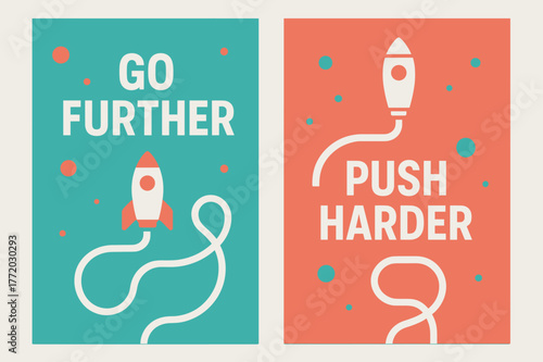 Motivation Banners. Go further. Two vertical A6 banners with safe margins, centered composition, no elements touching edges, modern, turquoise and coral,