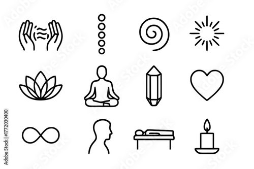 Reiki Healing Icons. Reiki and energy healing. Line icon set of reiki and energy healing: hands with aura, chakra column, energy spiral, light rays, lotus,