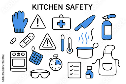 Kitchen Safety Essentials. // Kitchen safety. Hand-drawn doodle illustration kitchen safety [cut-resistant glove (accented), warning triangle, first aid kit
