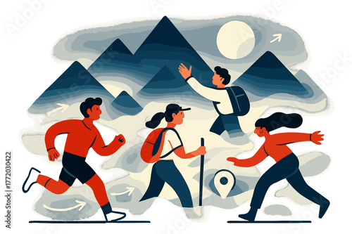 Mountain Mist Geometry. Abstract Landscapes ? Mountain Mist. Stacked triangles dissolve into soft fog; a moon peeks through with a gentle halo. Tiny arrows