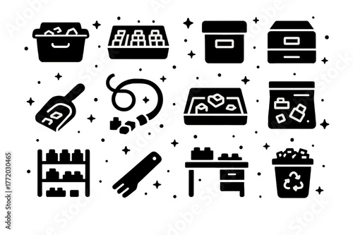 LEGO Icon Organization. LEGO Storage and Organization. Solid icons set of LEGO Storage and Organization: storage bin, color sorter, labeled box, small drawer,