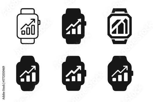 Sports Logo Variations. Sports performance tracking. Set Logo of Sports performance tracking: smartwatch face with rising chart. harmonious logo variations of
