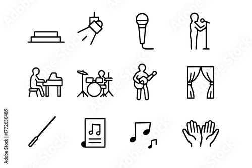 Musical Rehearsal Icons. A Musical Theater Cast Rehearsing a Song in Front of a Live Band. Line icon set of A Musical Theater Cast Rehearsing a Song in Front