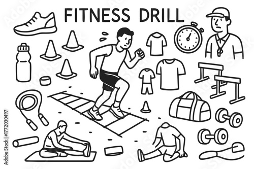 Fitness Drill Doodle. Fitness Drill. Hand-drawn doodle illustration Fitness Drill agility ladder, athlete running, cones, sneakers, stopwatch, water bottle,