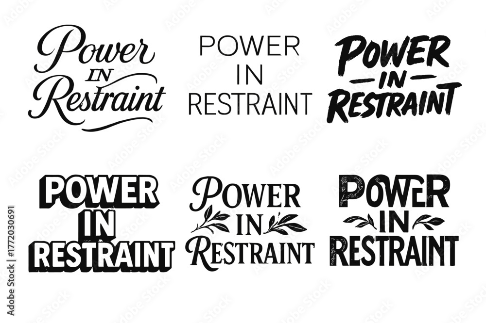 Fototapeta premium Lettering Art Styles. Power in Restraint. Set lettering. harmonious lettering variations of the same emblematic concept, each with different artistic