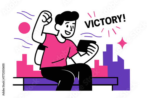 Rooftop Gaming Victory. Playing a mobile game on the go ? Sunny rooftop pause. Wind lines sweep; the character smiles at a clutch win, city shapes block out