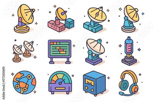 Deep Space Icon Set. Deep Space Network. Colorful isometric vector icons set of Deep Space Network: Goldstone antenna, Madrid complex, Canberra complex, 70m