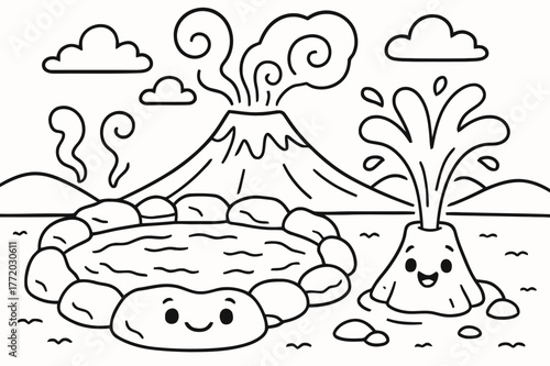 Smiling Hot Spring Scene. Hot springs and geysers children?s coloring book illustration, outlined drawing, a smiling hot spring pool and a tiny geyser beside a