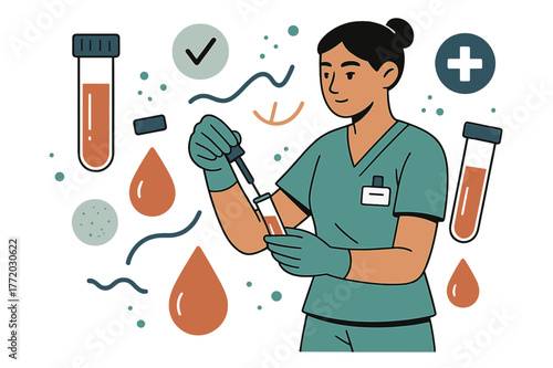 Dynamic Blood Test Scene. Blood test. Nurse preparing blood sample with abstract floating test tubes, drops, and icons; conveys accuracy, healthcare, and lab