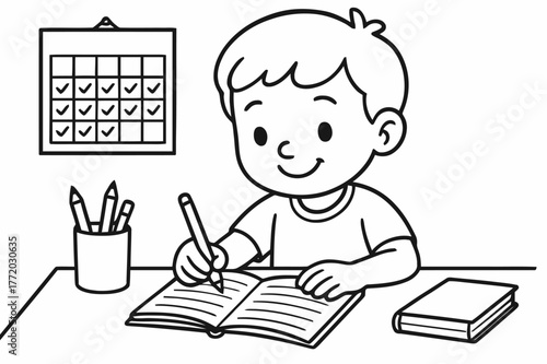 Children's Journal Coloring Page. Daily Journal Habit children?s coloring book illustration, outlined drawing, a smiling child writing in a notebook at a tidy