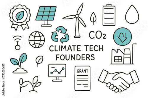 Climate Tech Visionaries. // Climate tech founders. Hand-drawn doodle illustration Climate tech founders [leaf badge (accented), solar panel (accented), wind