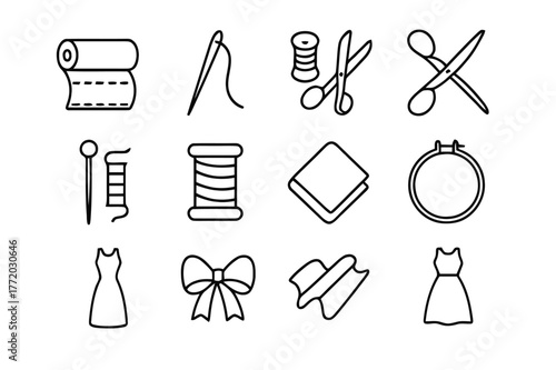 Dressmaking Tools Icons. Dressmaking fabric. Line icon set of dressmaking fabric: fabric roll, sewing needle, thread, scissors, pin, spool of thread, folded