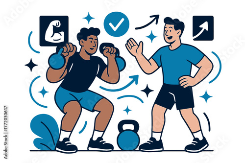Dynamic Fitness Coaching. Fitness training and personal coaching. Client lifting kettlebells with personal trainer coaching nearby; abstract floating icons,