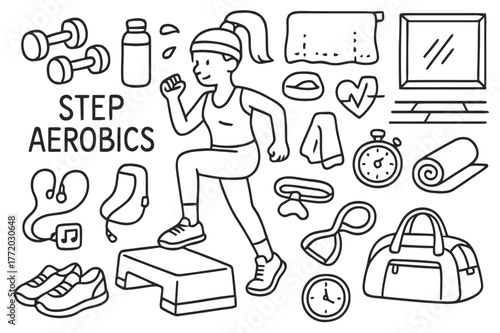 Step Aerobics Essentials. Step Aerobics. Hand-drawn doodle illustration Step Aerobics person stepping on aerobic step, dumbbells, water bottle,