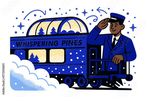 Snowy Winter Express. Snowy winter express. Powder billows as the observation dome glows; ?Whispering pines? curls along frosted glass. A conductor tips a cap