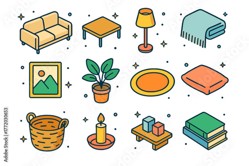 Minimalist Living Room Icons. Minimalist living room decor. Colorful isometric vector icons set of Minimalist living room decor: neutral sofa, low table,