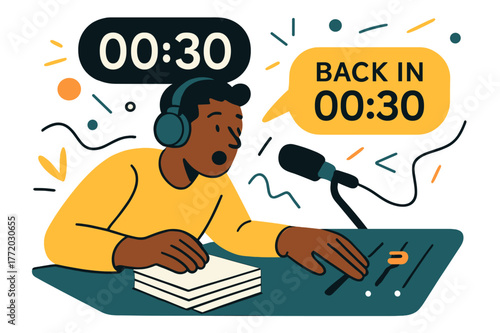 Ad Break Countdown. Radio Studio Desk ? Ad Break Prep. Timer ticks toward zero above a neat stack of cue cards; a fader eases down. Tag ?back in :? hovers with