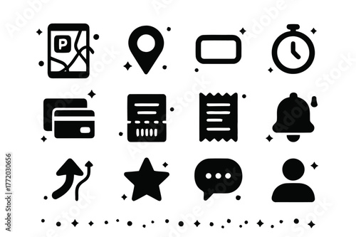 Mobile Parking App Icons. Mobile parking app features. Solid icons set of Mobile parking app features: map screen, geolocation pin, reserve button, timer,