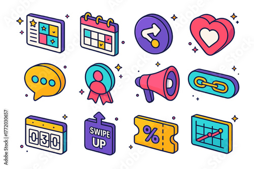Colorful Social Media Icons. Social media event promotion. Colorful isometric vector icons set of Social media event promotion: campaign storyboard card,