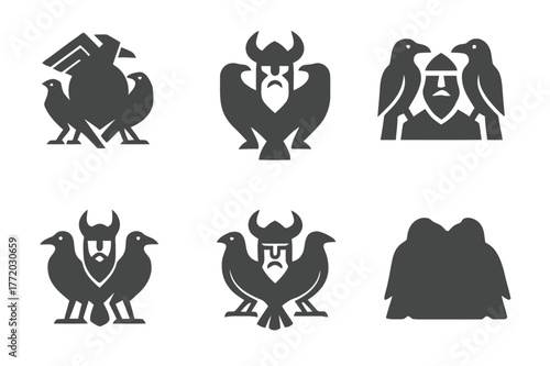 Mythical Deity Logos. Ancient gods and goddesses in a mystical landscape. Set Logo of Ancient gods and goddesses in a mystical landscape: Odin twin ravens.