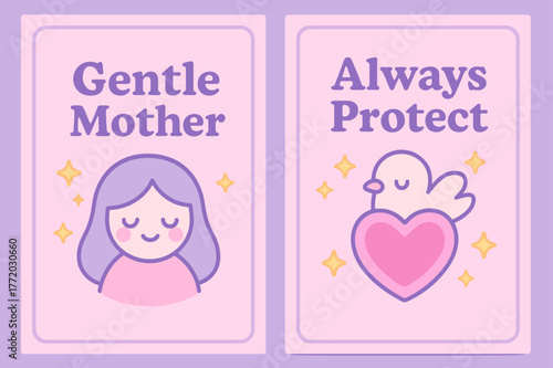 Gentle Mother Banners. Tender Care. Two vertical A6 banners with safe margins, centered composition, no elements touching edges, kawaii, lavender and baby