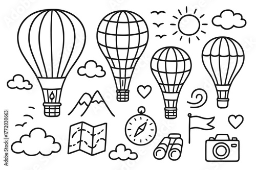 Hot Air Balloon Doodles. Hot air balloons. Hand-drawn doodle illustration Hot air balloons balloon, basket, flame burner, ropes, clouds, sun, birds, mountains,