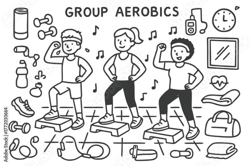 Group Aerobics Doodle. Group Aerobics. Hand-drawn doodle illustration Group Aerobics people stepping on aerobic step, dumbbells, sneakers, water bottle, towel,