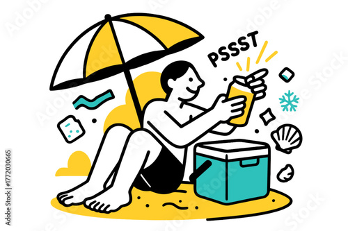 Beachside Cooler Bliss. Beach Cooler Break. Umbrella shade, sandy toes, and a fizzing can cracking open?spark lines burst ?pssst.? Ice packs and shells orbit