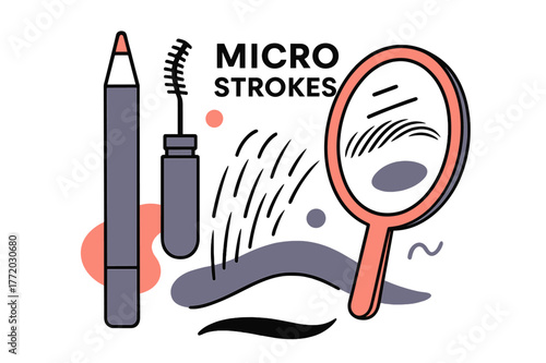 Micro Stroke Magic. Eyebrow pencil and gel ? Hair-like micro strokes. Close-up angle as tiny lines bloom naturally; a mirror icon reflects the arch. ?MICRO