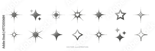 Sparkles star icon set with stipple halftone effect. Twinkling stars with dotted grain texture. Social media elements. Grainy gradient starburst shape collection. Vector illustration art
