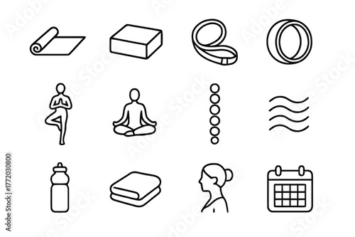 Yoga Therapy Icons. Yoga therapy. Line icon set of yoga therapy: yoga mat, yoga block, yoga strap, yoga wheel, tree pose figure, lotus pose figure, chakra