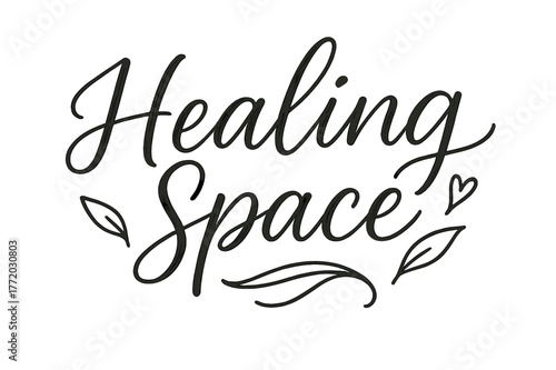 Healing Space Typography. Healing Space ? brush script hand-lettering with fluid semi-cursive strokes, thin connectors, soft brush flicks; composition: