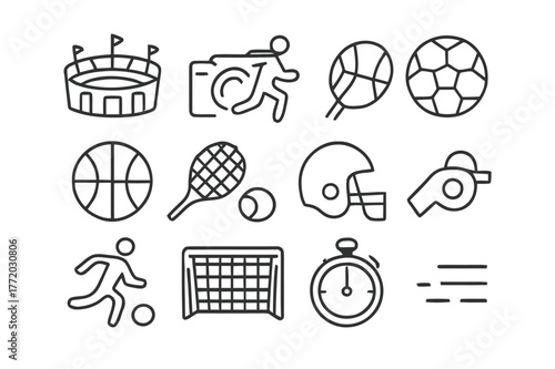 Game Day Icon Set. Game day photography. Line icon set of game day photography: stadium, camera, athlete running, soccer ball, basketball, tennis racket,