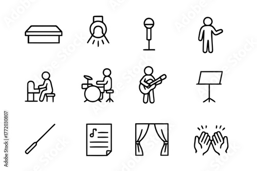 Musical Rehearsal Icons. A Musical Theater Cast Rehearsing a Song in Front of a Live Band. Line icon set of A Musical Theater Cast Rehearsing a Song in Front