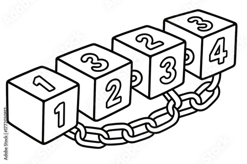 Chain of Cubes. Blocks and chains children?s coloring book illustration, outlined drawing, a row of simple cubes connected by links forming a chain with