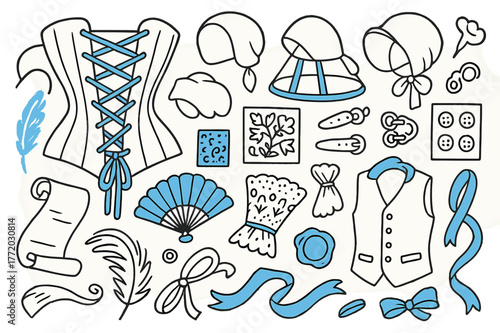Historical Costume Elements. // Historical costume making. Hand-drawn doodle illustration historical costume making [corset lacing (accented), bonnet outline,