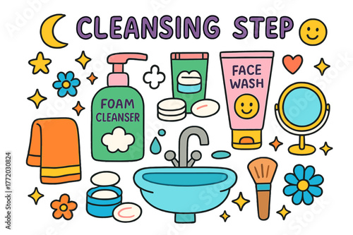 Colorful Cleansing Doodles. Cleansing Step. Colorful Hand-drawn doodle Children illustration Cleansing Step foam cleanser, face wash bottle, makeup remover,