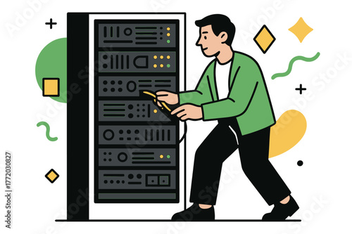 Tech Innovations Unveiled. Server Rack. IT technician working on a server rack with floating abstract geometric shapes and glowing accents, focused and