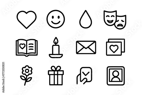 Emotional Icon Set. Emotional storytelling. Line icon set of emotional storytelling: heart, face emoji, tear drop, happy mask, sad mask, storytelling book,