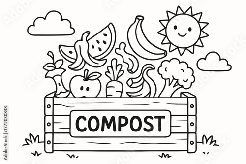 Compost Coloring Fun. Compost children?s coloring book illustration, outlined drawing, a compost bin with fruit and vegetable peels, educational design for