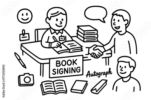 Book Signing Doodle. Book signing. Hand-drawn doodle illustration book signing author, table, pen, stack of books, autograph, smile face, bookmark, name tag,