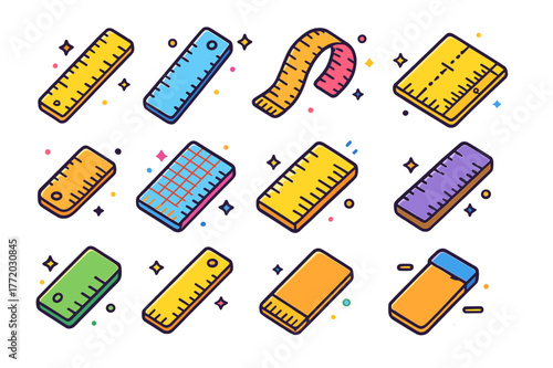 Colorful Ruler Icons. Ruler. Colorful isometric vector icons set of Ruler: straight ruler, steel ruler, flexible ruler, center-finding ruler, mini pocket